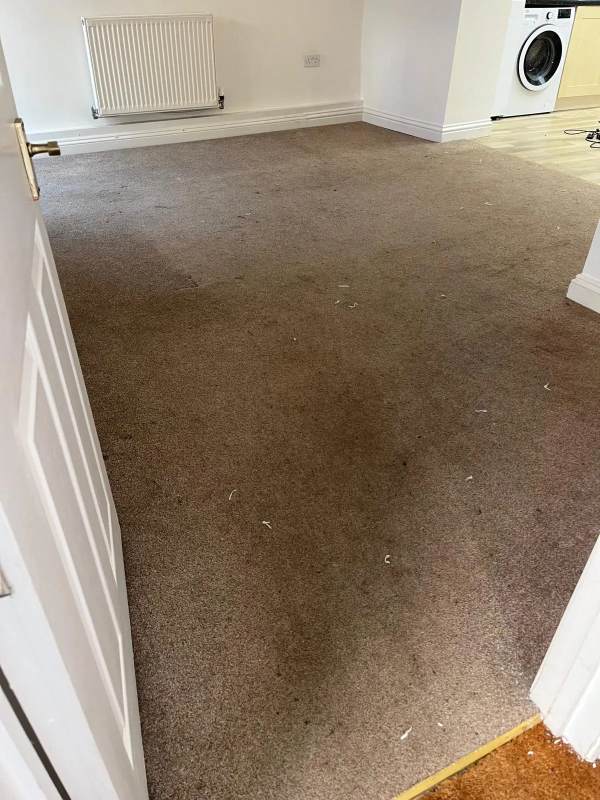 Dirty living room carpet with ground-in stains before cleaning